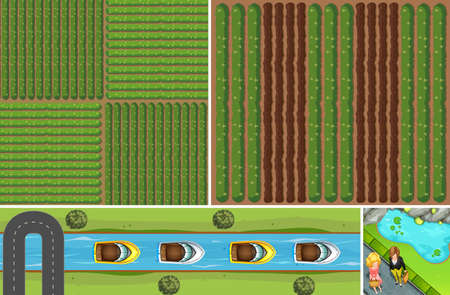 Set of aerial farm and river scene  illustrationのイラスト素材