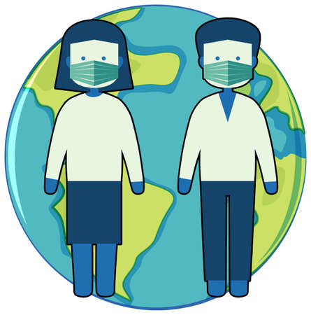 A man and a woman wear mask to avoid coronavirus or covid19 with the earth icon illustrationのイラスト素材