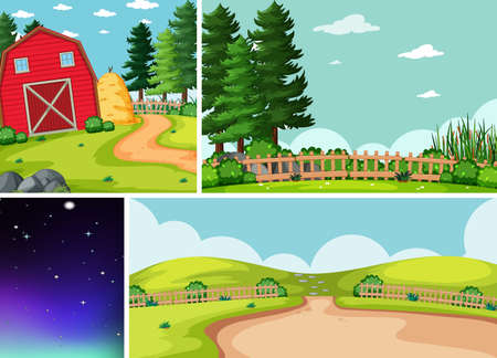 Four different scenes in nature setting cartoon style illustrationのイラスト素材