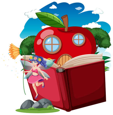 Fairy tales and apple house on pop up book cartoon style on white background illustrationのイラスト素材