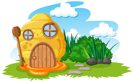 Honeycomb house in the garden cartoon style on sky background illustrationのイラスト素材