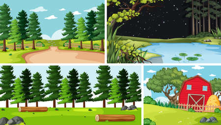 Four different scenes in nature setting cartoon style illustrationのイラスト素材