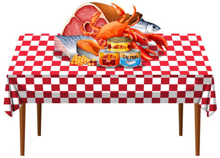 Seafood with canned food or processed foodin a group on the table with checkered pattern tablecloth illustrationのイラスト素材