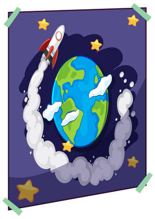 The earth and spaceship in space on poster isolated on white background illustrationのイラスト素材