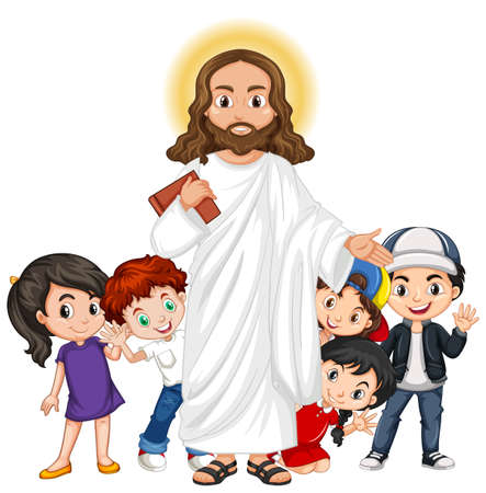 Jesus with a children group cartoon character illustrationのイラスト素材