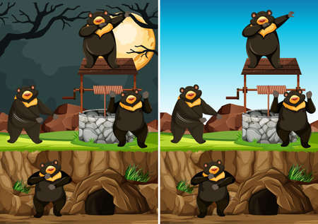 Wild bears group in many poses in animal park cartoon style isolated on day and night background illustrationのイラスト素材
