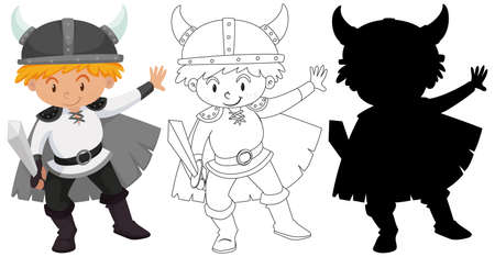 Boy wearing knight costume with its outline and silhouette illustrationのイラスト素材
