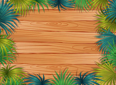 Top view of blank wooden table with leaves elements illustrationのイラスト素材