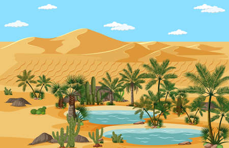 Desert oasis with palms and catus nature landscape scene illustrationのイラスト素材