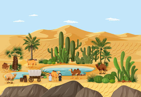 Desert oasis with palms and catus nature landscape scene illustrationのイラスト素材