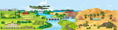 Mixed different nature scene farm and desert illustrationのイラスト素材