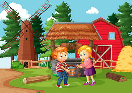 Happy family in farm scene in cartoon style illustrationのイラスト素材