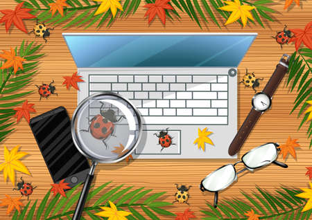 Top view of wooden table with office objects and leaves and insects element illustrationのイラスト素材