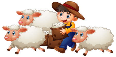 A boy with three cute sheep on white background illustrationのイラスト素材