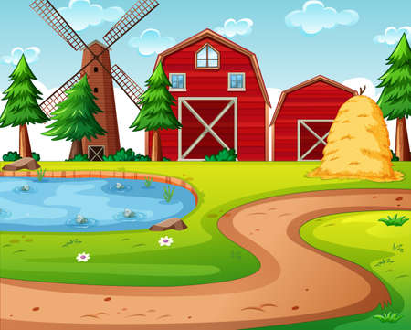 Farm with red barn and windmill scene illustrationのイラスト素材