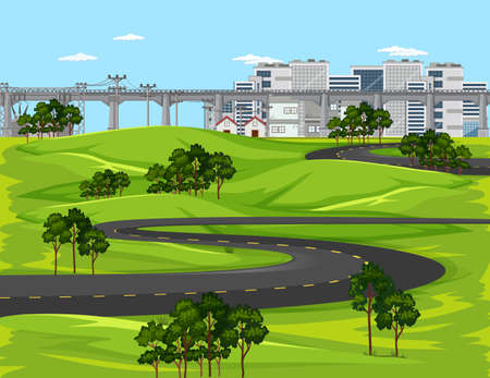 Long road in city with nature landscape scene illustrationのイラスト素材