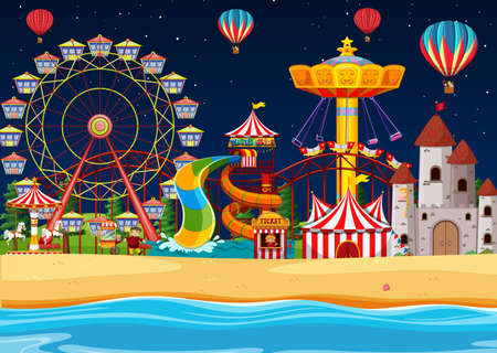 Amusement park with beach side scene at night with ballons in the sky illustrationのイラスト素材
