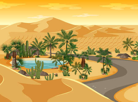 Desert oasis with long road landscape scene illustrationのイラスト素材
