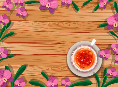 Top view of blank wooden table with a cup of tea and leaves and pink orchids element illustrationのイラスト素材
