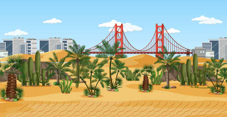 Town in desert nature landscape scene illustrationのイラスト素材
