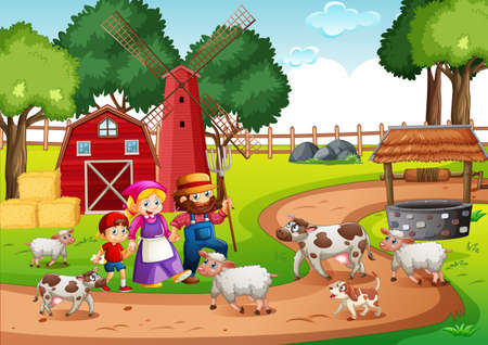 Old MacDonald in a farm nursery rhymes scene illustrationのイラスト素材