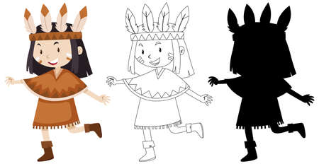 Girl wearing native american costume with its outline and silhouette illustrationのイラスト素材