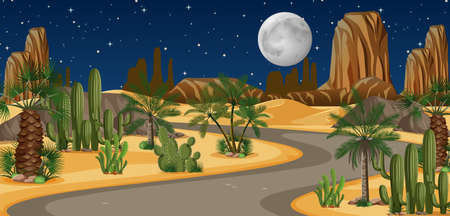 Desert oasis with long road landscape at night scene illustrationのイラスト素材