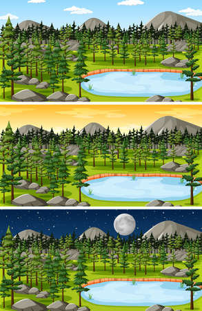 Nature landscape scene at different times of day illustrationのイラスト素材