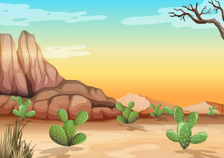 Desert with rock mountains and cactus landscape at day time scene illustrationのイラスト素材