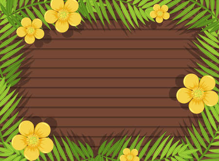 Top view of blank wooden table with leaves and yellow flower elements illustrationのイラスト素材