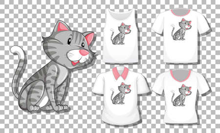 Cat cartoon character with set of different shirts isolated on transparent background illustrationのイラスト素材