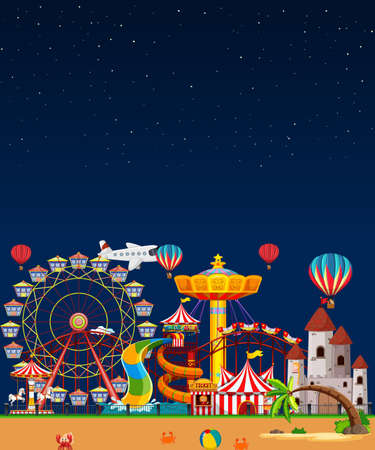 Amusement park scene at night with blank dark blue sky illustrationのイラスト素材