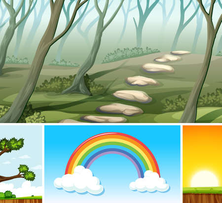 Four different scenes in nature setting cartoon style illustrationのイラスト素材