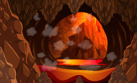 Infernal dark cave with lava scene illustrationのイラスト素材