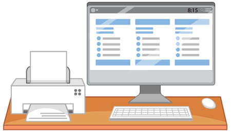 Computer and printer on office desk on white background illustration