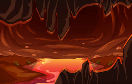 Infernal dark cave with lava scene illustrationのイラスト素材