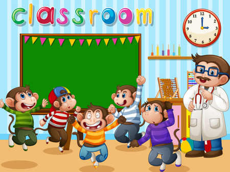 Five little monkeys jumping in the classroom with a doctor illustrationのイラスト素材