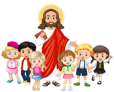 Jesus with a children group cartoon character illustrationのイラスト素材