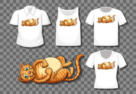 Cat cartoon character with set of different shirts isolated on transparent background illustrationのイラスト素材