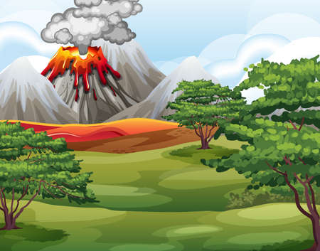 Volcano eruption in nature forest scene at daytime illustration