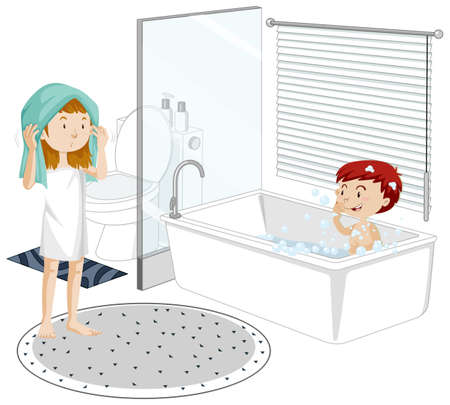 A young girl and her brother with bathroom furniture elements on white background illustrationのイラスト素材