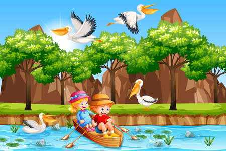 Children row the boat in the stream forest scene illustrationのイラスト素材