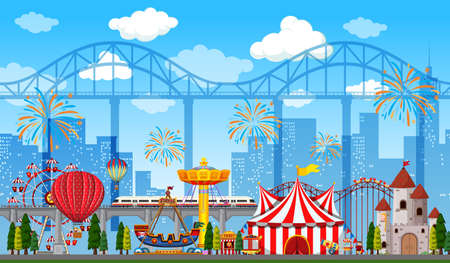 Amusement park scene at daytime with fireworks in the sky illustrationのイラスト素材