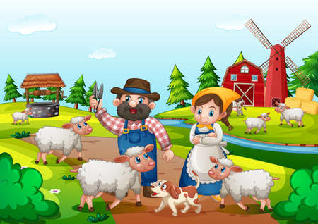 Farm with red barn and windmill scene illustrationのイラスト素材
