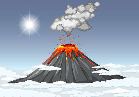 Volcano eruption in the sky with clouds scene at daytime illustrationのイラスト素材