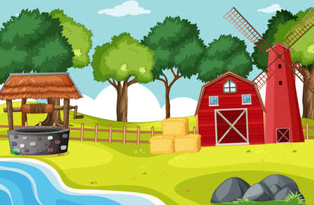 Barn and widmill in farm scene illustrationのイラスト素材