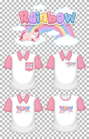 Unicorn with rainbow logo and set of white shirt with pink short sleeves isolated on transparent background illustrationのイラスト素材