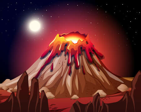 Volcano eruption in nature scene at night illustrationのイラスト素材