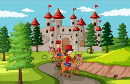 Fairytale scene with castle and soldier royal guard scene illustrationのイラスト素材