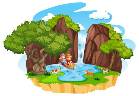 Two kids row the boat at water fall with their pet on white background illustrationのイラスト素材